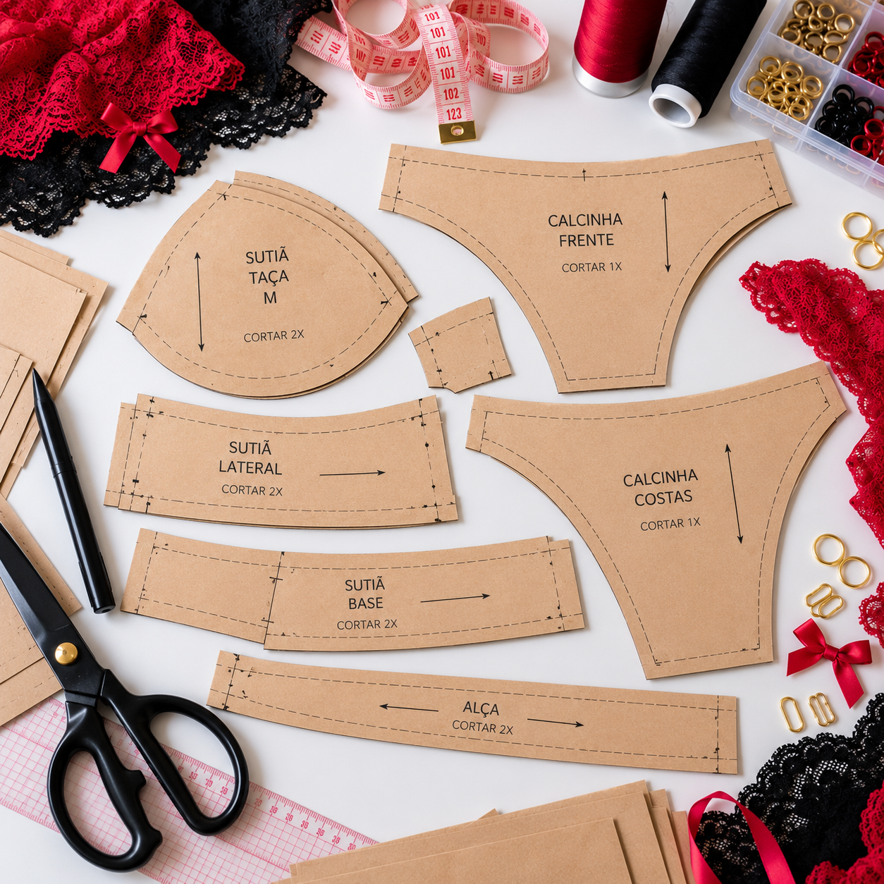 Moldes físicos de lingerie com materiais de costura